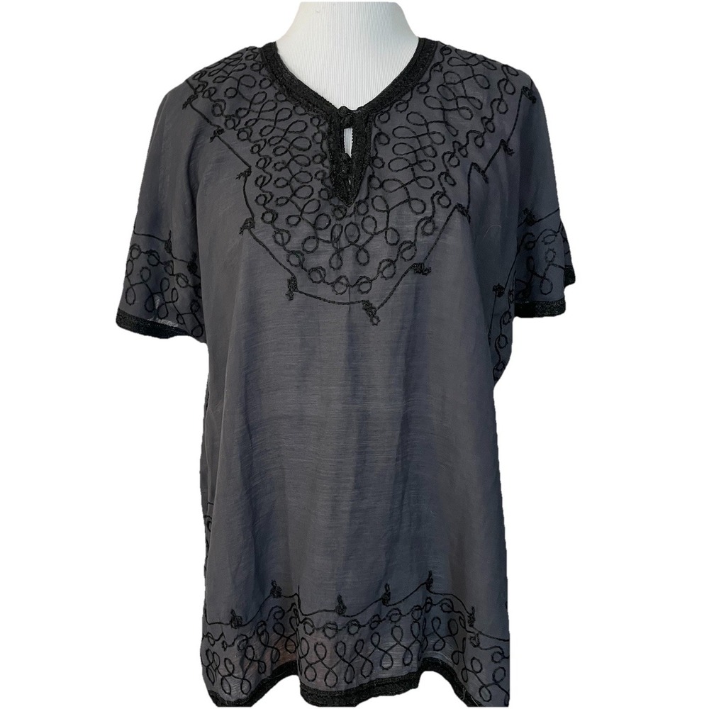 70s Caravan Swirly Beaded Blouse L Gray Embroidered Black Trim Boho City Morocco